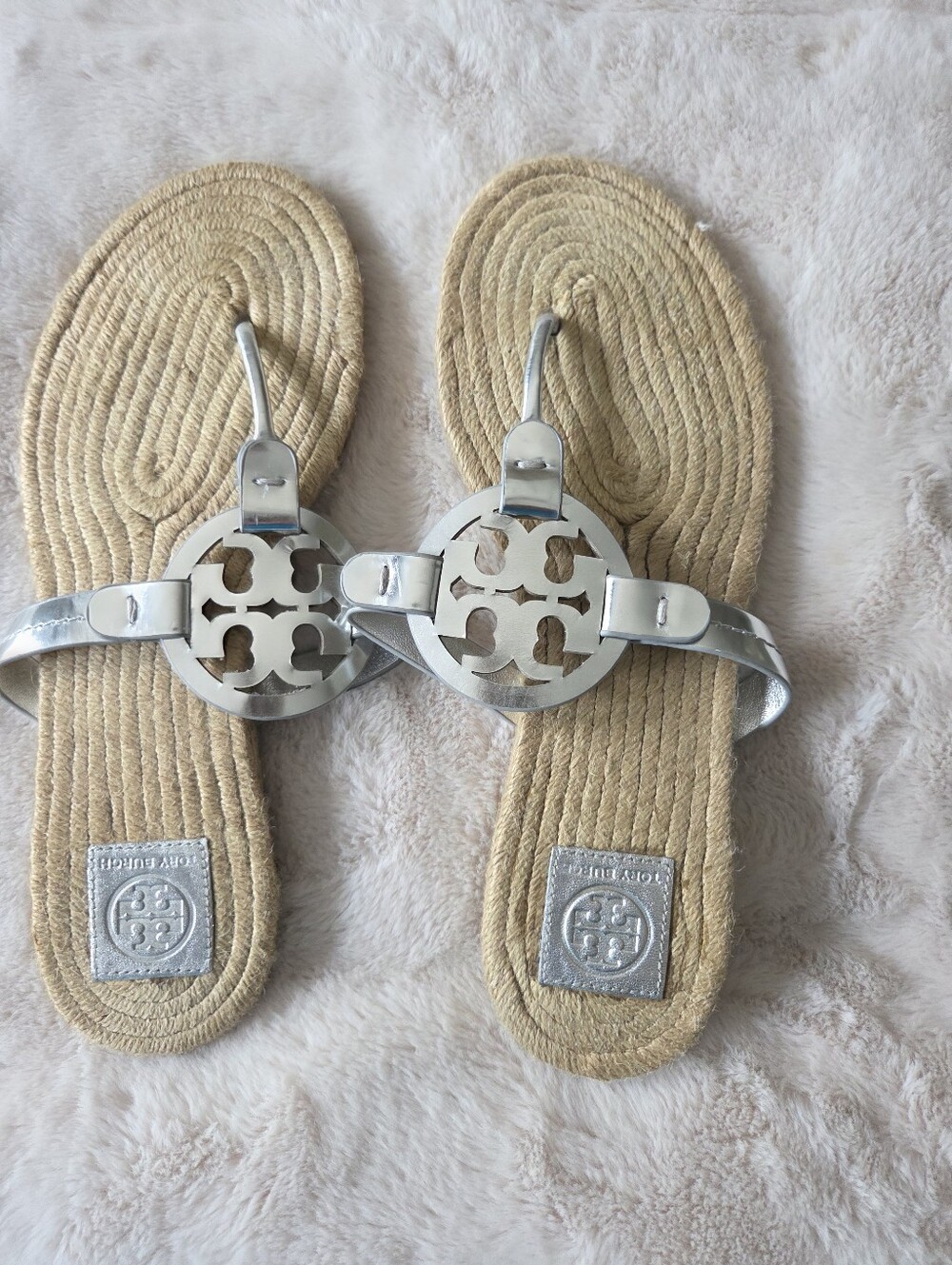 Tory Burch Silver Logo Rope-Style Espadrille Sandals Size 11